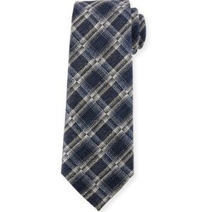 Ermenegildo Zegna Blue Plaid Tie Silk-Linen Blend Made in Italy